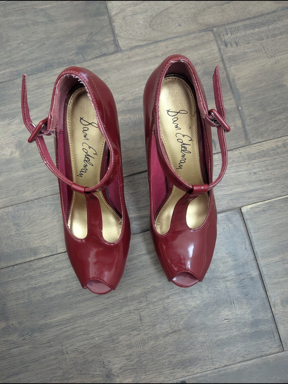 Sam Edelman Burgundy Patent Leather T-Strap Peep Toe Heels